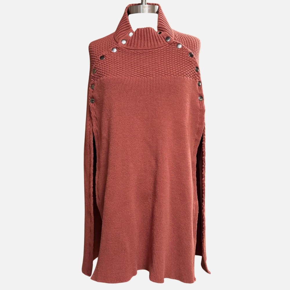 GILI M/L Cape Sweater Terracotta Orange Mock Neck Snap Button Poncho Fall Cozy